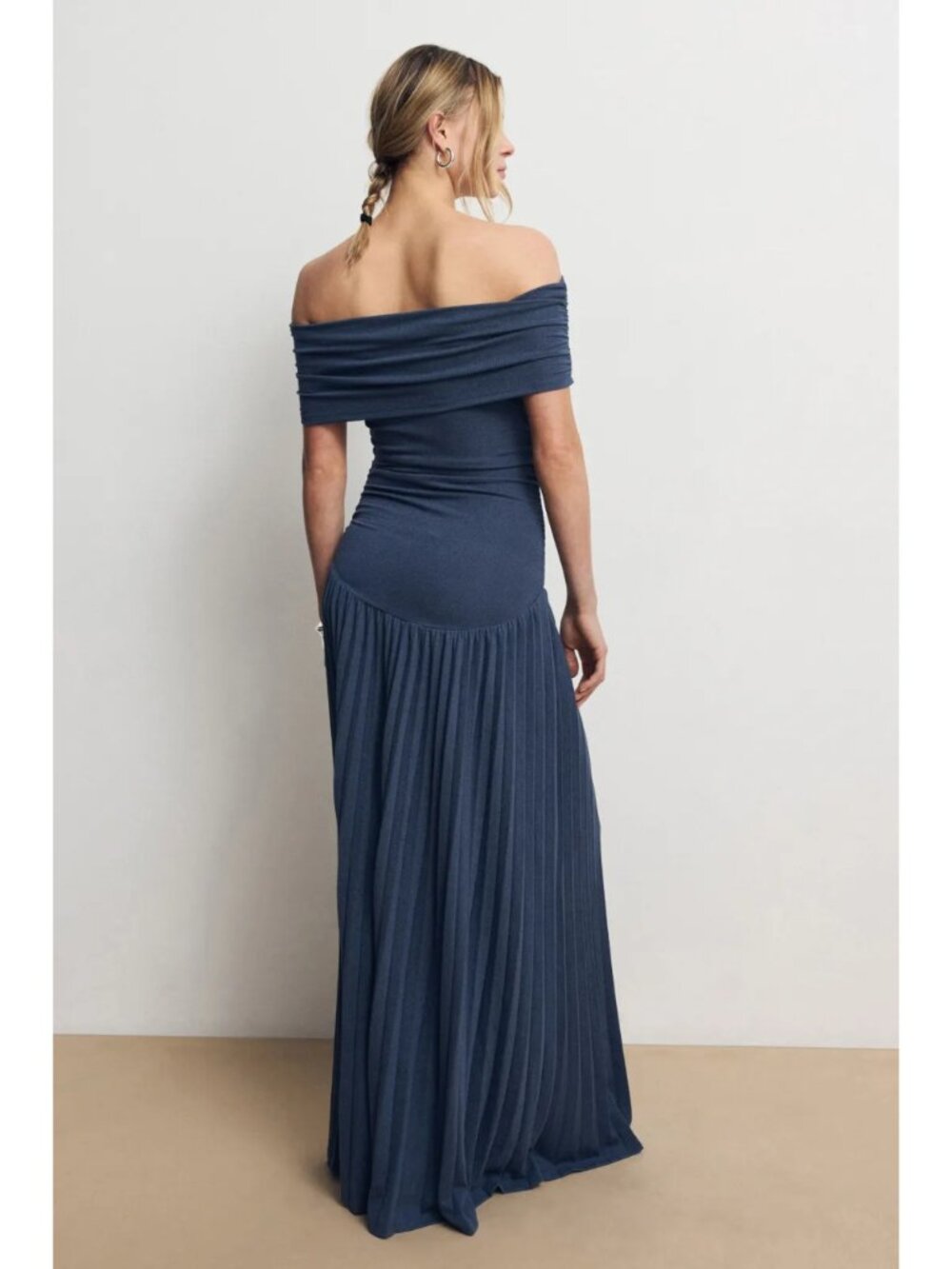 Lioness Navy Blue Off-Shoulder Pleated Maxi Dress - Picture 7 of 15
